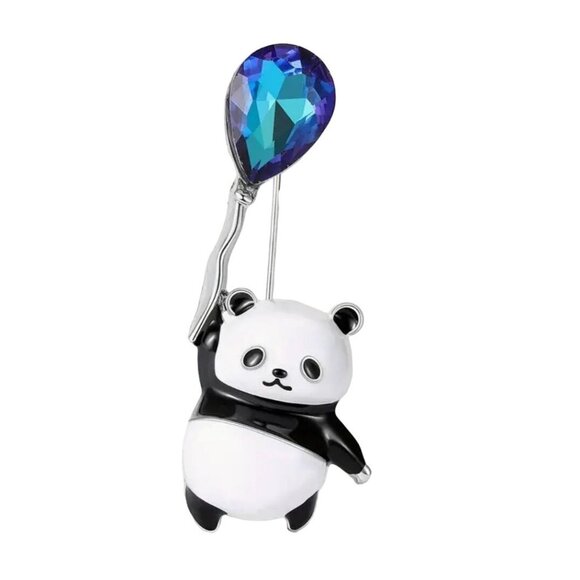 Cute Enamel Panda Brooch With Blue Balloon Pin - Picture 1 of 2